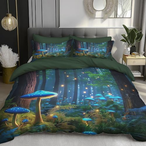 DACRWEKZ Bettwäsche Leuchtende Pilze Blau 200×200 cm 3teilig Microfaser Bettwäsche Set Bettbezug Das Dschungelbuch Bettdeckenbezug Modern Deckenbezug Bettwaesche