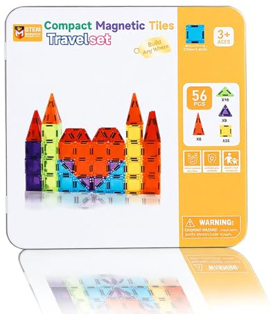 MEESHEEP Magnetische Bausteine Reiseset 56-teilig mit Eisenbox: ab 3 Jahren | 45s Aufräumen & 45 Min. leise Beschäftigung für Auto & Flugzeug, Magnetspielzeug – Geschenk für Jungen & Mädchen