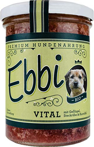 Bio Hundefutter Vital/Ebbi mit Geflügelfleisch, Hähnchenherzen, Steckrüben und Kartoffeln Inhalt: 400g Hundenahrung im wiederverschließbarem Glas (2 x 400g)