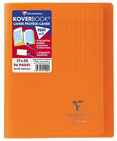 Clairefontaine 951409C - Schulheft / Kladde Koverbook 17x22 cm, 48 Blatt 90g, französische Lineatur, Einband aus transparentem Polypropylen, 2 Klarsichthüllen, robust, geheftet, Orange, 1 Stück