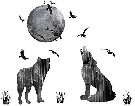 WandSticker4U®- Wandtattoo WOLF FAMILIE AUS DEM WALD I Wandbilder: 85x70 cm I Wand Deko Mond Vögel Tiere Aufkleber I Wandsticker für Wohnzimmer modern Schlafzimmer Küche Garderobe Flur