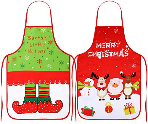 Qpout 2 Delantales de Navidad, Papá Noel Reno Muñeco de Nieve Feliz Navidad Fiesta Cocina Delantal de Cocina, para Mujeres Hombres Mamá Esposa Marido Fiesta de Navidad Accesorios de Disfraces