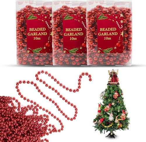 3x Red Christmas Bead Chain Garland 10M, Luxury Pearl Bead Decoration for Xmas Tree, Mantelpiece, Table Centerpiece, Festive Holiday Decor, Indoor/Outdoor Party Ornament