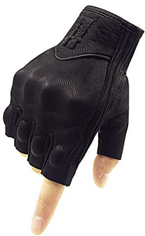 Harssidanzar Fingerlose Motorradhandschuhe für Herren, Leder, Reithandschuhe mit Handknöchel, GM037, Schwarz, Größe L
