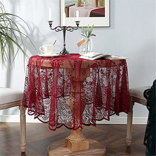 Rote Spitze Tischdecke Bestickt Elegante Florale Muster Tischtuch Runde Overlay Tischdecke für Hochzeit Party Urlaub Lange Abendessen Home Decor (Rund-150CM/60, Rot)
