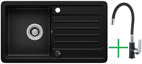 LINDBERGH® Küchen Granit-Spüle Schwarz VEL44 + 1-Tubo mit Siphon, Verbundstoffe Made in Germany, Spülen Küche Küchenspüle Spülbecken Kitchen Waschbecken Sinks Einbauspüle, inkl. Imprägnierung