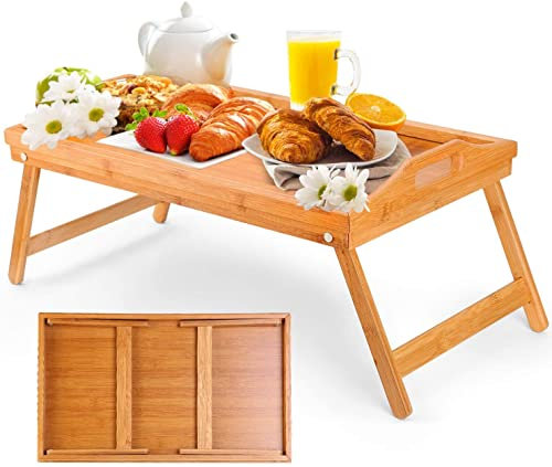 Phane Bandeja para Cama de Bambú, Mesa con Patas Plegables, Bandeja Desayuno 2 en 1 Multiusos, Bandeja Plegable, Mesa Auxiliar para Trabajar y Estudiar, Resistente, Mesita de Noche de Bambú 50x30x23cm