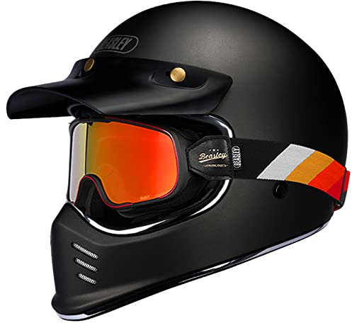 DXDRT Retro Classic Full Face Motorradhelm, DOT ECE-Zugelassener Straßenfahrradhelm Mit Sonnenblende, Unisex-Erwachsene Cafe Racer ATV UTV Scooter Helme,Matte Black revo,L