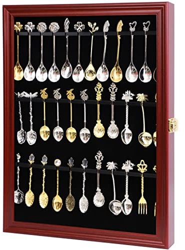 COMSREV 36 Souvenir Tea Spoon Display Case Collection Collector Rack Wall Mount Wooden w/98% UV Acrylic Door Lockable (36 Spoons-Cherry)