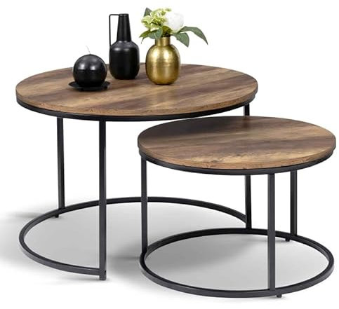IDMarket - Lot de 2 Tables Basses gigognes Hawkins Rondes 54/70 Bois foncé Design Industriel