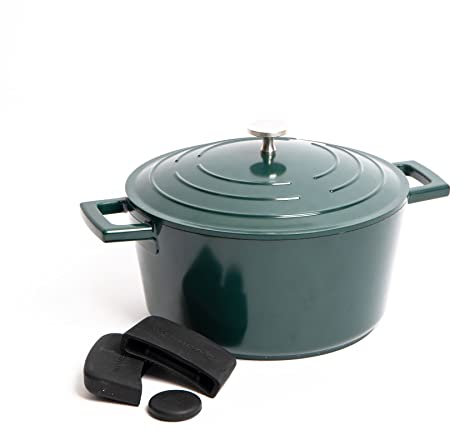 MasterClass Set of Gift-Boxed Cast Aluminium Hunter Green Casserole Dish, 24cm 4 Litre with Three Piece Silicone Handle Cover Set