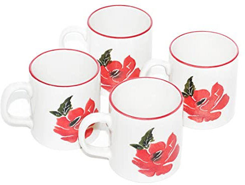 Lashuma 4 teiliges Kaffeepott Set 300 ml, Keramik Tassen bunt Mohnblume, Henkelbecher rund