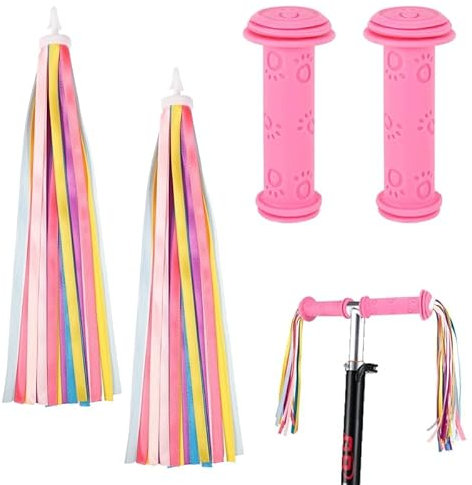 Auidy_6TXD 1 Pair Fahrradgriffe Kinder mit 1 Pair Fahrrad Quasten Bunt Set, Gummi Lenkergriffe Luftschlangen Dekoration für Kinderfahrräder, Laufräder, Roller (Rosa)