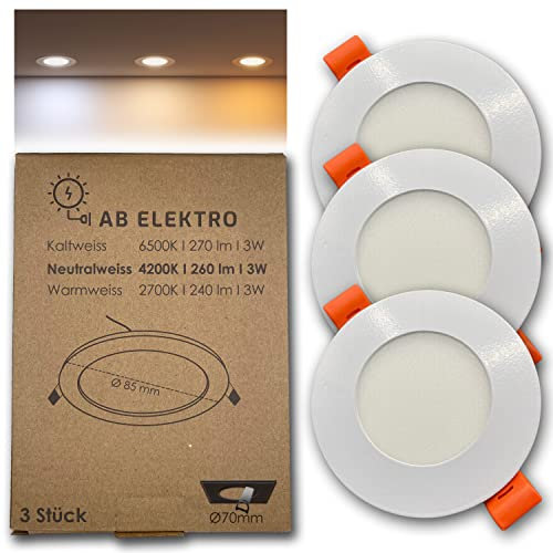 AB Elektro LED Deckenleuchte flach rund 3er Set I 3W LED Einbaustrahler 12V Neutralweiß I LED Panel Deckenleuchte I LED Einbauleuchte Set mit Trafo (neutralweiß, 3er Set)
