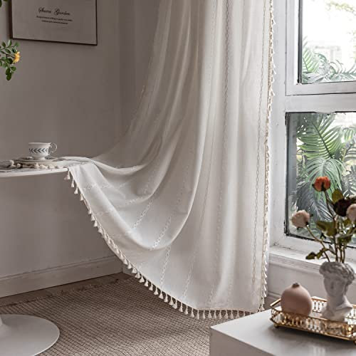 Freyamy Vorhänge Durchscheinend Bohemian Bestickte Weiß Streifen Quasten Vorhang Baumwolle Leinen Gardinen Boho Vintage Schiebevorhänge Blickdich Fensterdekoration 2er Set (B140xH240)