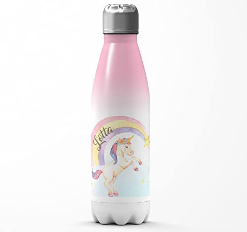 Mikalino Kinder Edelstahl Trinkflasche Einhorn Regenbogen mit Namen Einschulung Geschenk Geschenkideen Thermosflasche Mädchen Junge, Farbe:rosaweiss, Grösse:500ml