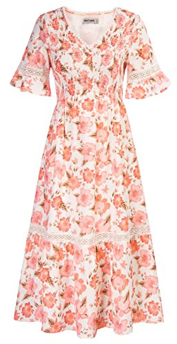 GRACE KARIN Robe Midi à Taille Élastique Col en V Robe d'Été Trapèze Évasée à Manches Cloche Courtes pour Femme L Rose