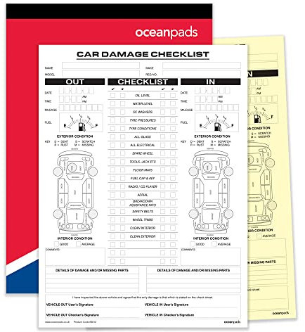 Ocean Pads 69912 Cahier de contrôle d'inspection des dommages de voiture A4 pour garages, concessionnaires, piscines automobiles, entreprises de transport de véhicules, entreprises de location ou de