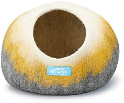 Everest Pet Supply Katzenbett, Katzenhöhle aus Filz, 100% Wolle, Gelb/Grau