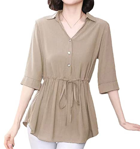 YTR6TW Damen Solid Knopf Gürtel Chiffon Hemd Sommer Halbarm Polo-Ausschnitt Lose Pullover Bluse