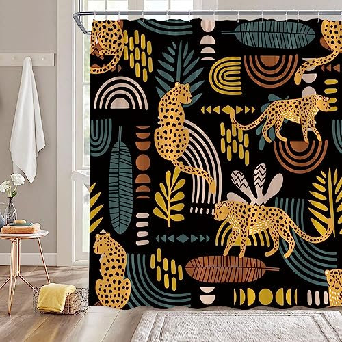 CCXTCZ Rideau de douche motif léopard feuilles de palmier, guépard, faune tropicale, animal africain, abstrait, géométrique, minimaliste, neutre, moderne, tissu pour salle de bain avec crochets, noir