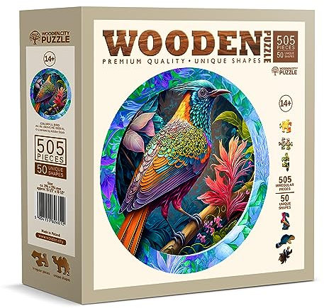 WOODEN.CITY Holzpuzzles Bunter Vogel 500 Teile – lebendige Holzpuzzles für Erwachsene – herausfordernde Holzschnitt-Puzzles – Tierförmige Puzzles – einzigartiges Mosaik-Holzpuzzle für Erwachsene