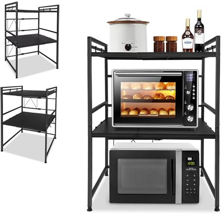 CEEDIR Erweiterbares 3-stufiges Mikrowellen Regal Mikrowellenhalter Mikrowellenständer Küchenorganizer ständer mit 8 Haken zum Aufhängen für Küche und Aufbewahrung
