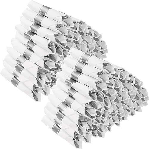 Goodluck 100 Pack Pre Rolled Silver Plastic Silverware, Wrapped Cutlery