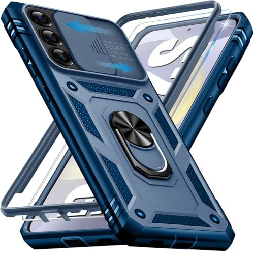 Giyer für Samsung Galaxy S24 5G Hülle mit Schutzfolie, Handyhülle S24 5G Tache mit Kameraschutz 360° Metall Ring Ständer Stoßfest Bumper Schutzhülle Samsung S24 Case Cover (Blau)