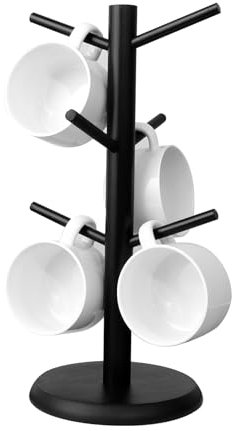 FOSFUKEER Coffee Mug Holder, Black Bamboo Mug Tree with Thicker Base, Coffee Cup Stand, Cup Holder for Counter, Coffee Mug Rack Organizer with 6 Hooks