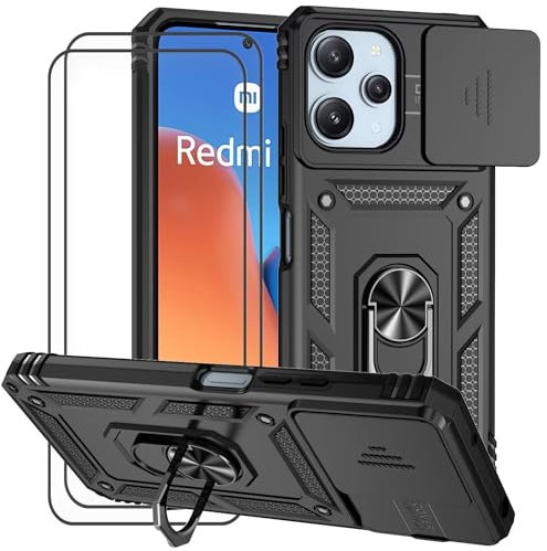 Dechyi für Xiaomi Redmi 12/Redmi 12 5G Hülle mit Panzerglas Schutzfolie Schutzhülle mit Kameraschieber Case 360° Drehbarer Militä Ständer Stoßfest Cover-Schwarz
