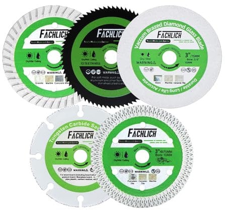 FACHLICH - Mini lame diamantate da 7,6 cm, disco da taglio per piastrelle, cemento, granito, metallo, vetro, porcellana, legno, albero da 10 mm