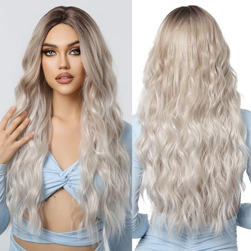 OUFEI Lange Ombre Blonde Perücke Natürliche gewellte Perücken für Frauen Natürliche Synthetische Haare Hitzebeständige Perücken für Tägliche Party Cosplay Tragen