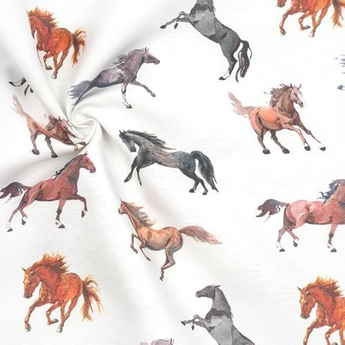 STOFFKONTOR Dekostoff Stoff Bedruckt Pferde Mix - Meterware, Farbe Weiss - zum Nähen von Tischwäsche, Kissen, Vorhängen, Dekoartikeln UVM.