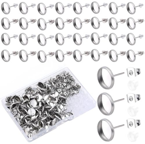 SOFPLATE 1 Box 100 Stück 10mm Ohrstecker Rohlinge Cabochon Ohrstecker Rohlinge Hypoallergen Edelstahl Flache Runde Ohrstecker Mit Ohrmutter Silberne Ohrstecker Für Schmuckherstellung Zubehör Zum Selb