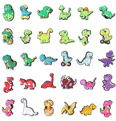 15, 30, Mixed, Girl Or Boy Superhero Famous Cute Cool Funny Random Colourful Shoe Charms Decorations For Croc Clog Shoes, Bracelet And Wristband For Women & Men No Duplicates (30 Croc Dinosaur)