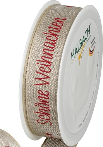 Halbach Seidenbänder Premium Geschenkband Weihnachten aus Leinen | Breite 25mm Länge 15m | Weihnachtsbänder mit Draht für Geschenke & Christbaum | Made in Germany, Farbe: natur/rot
