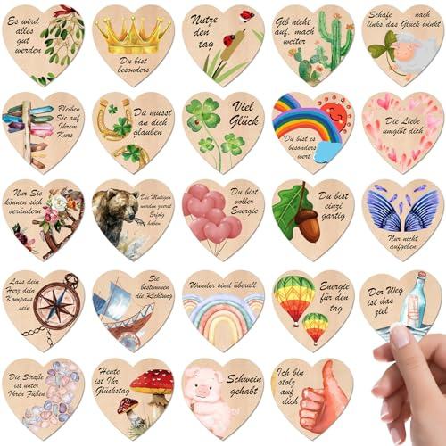 LETTERASHQP 24 Stück Glücksbringer aus Holz Kleine Geschenke Mutmacher Geschenk Glücksbringer Kleine Glücksbringer Holz Motivationsgeschenk Glücksbringer Kinder Glücksbringer für Prüfung Kollegen