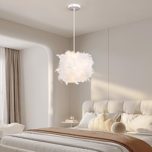 CRFASIBE Moderne Pendelleuchte mit Weiß Feder Lampenschirm, Verträumte Pendelleuchte Esstisch, E27 Weißes Licht Sphärische Hängelampe für Wohnzimmer Schlafzimmer Küche