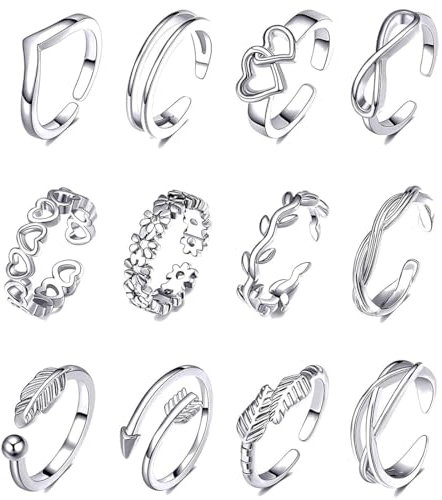 GXGM Anelli per Piedi Donna in Argento Semplice - Set di Knuckle Ring Regolabili per Ragazze, 12 Pezzi
