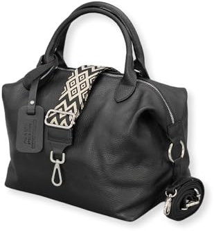 ADEL Handtasche Damen Echtleder BIANCA Handgemachte Umhängetasche Crossbody Bag mit Ledergurt + Breitem Gemustertem Riemen 3 Fächer Stylische Schultertasche Made in Italy (Schwarz)