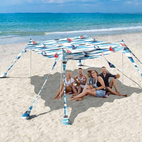 Rhino Valley Strandmuschel, Strandzelt Sonnenschutz UV 50+, Windschutz Strandzelt, Tragbar Sonnensegel Strand für Camping, Angeln, Picknick im Garten Strand, 10x10 FT, Blau Segelschiff