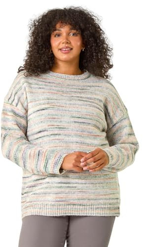 Roman Curve Broken Stripe Knit Jumper for Women UK - Ladies Everyday Autumn Winter Round Neckline Comfy Soft Evening Vacation Work Party Night Out - Multi Plus - Size 20