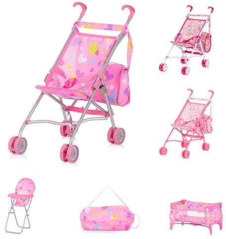 Chipolino Puppen-Zubehör-Set 3in1 Trixy Buggy Hochstuhl Tasche Laufstall faltbar, Farbe:rosa