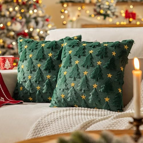 Starnearby 2er Set Kissenbezug Weihnachten 45x45 Weihnachtskissen Weihnachtskissenbezug Flauschige Kissen Weihnachten Kissenbezüge Winter Kissenhülle Weihnachtsdeko Innen (Grün Weihnachtsbaum B)