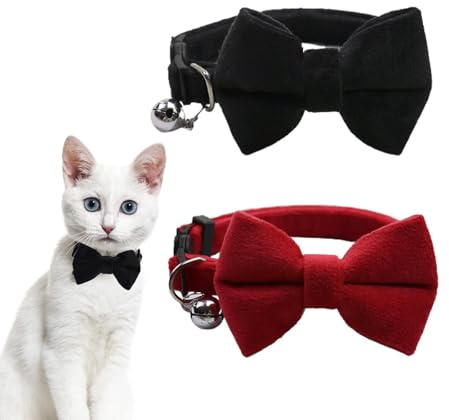 DHWEKU 2 Stück Samt Katzenhalsband mit Glöckchen und Fliege verstellbar für kleine Welpen Sicherheitsfliege einfarbig für Hochzeiten Grundfarbe Katzen-Fliege