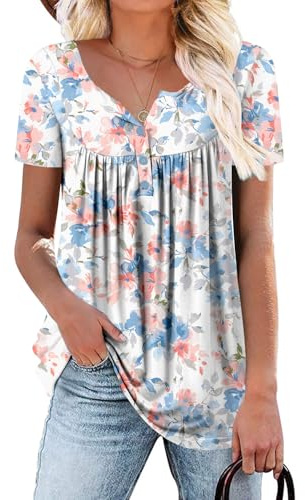 CHICZONE Summer Ladies Short Sleeve Tunic Tops V Neck Buttons Up Blouse Floral Printed Womens Henley T-Shirt