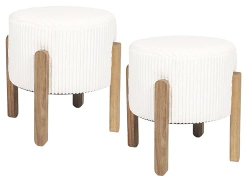 AMORY - Lot de 2 Tabourets en velours côtelé coloris crème pieds en acacia