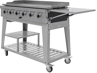 METRO PROFESSIONAL Barbecue Plancha à 4 Brûleurs sur Chariot, Acier,14.8 kW, Allumage Électrique, 4 Roulettes, Housse en Polyester, Argent