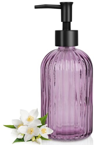 Topsky Glass Soap Dispenser with Black Rustproof Plastic Pump, 400ml Purple